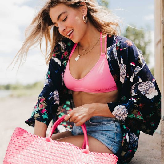 Navy Tropical Birds Tie Front Kimono - Preorder
