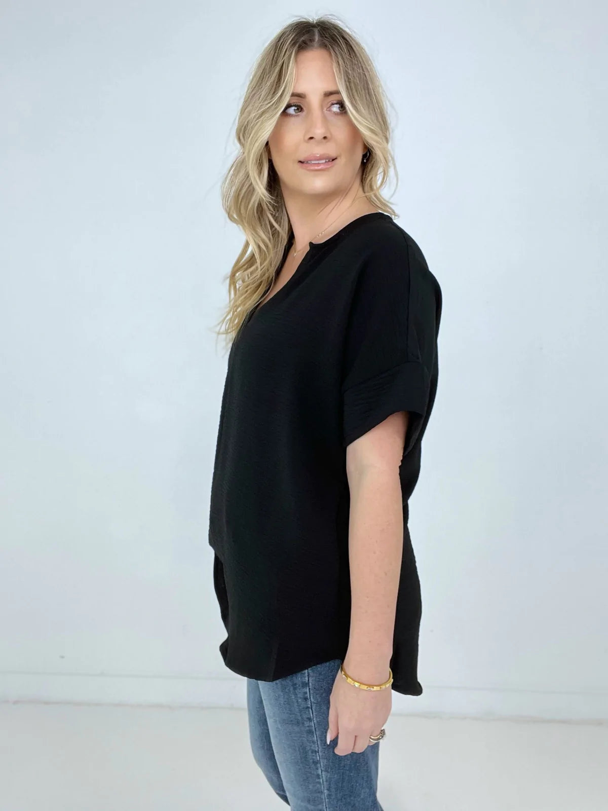 Woven Airflow Split Neck Short Sleeve Top
