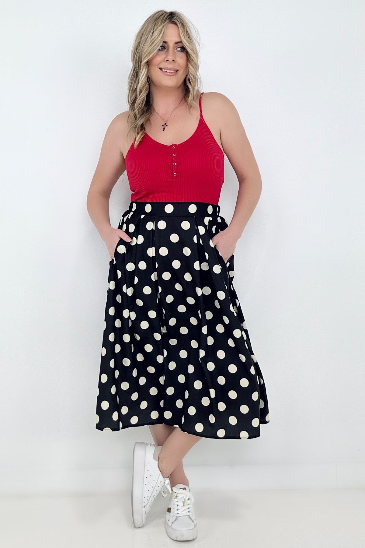 My Girl Polka Dot Pleated Midi Skirt