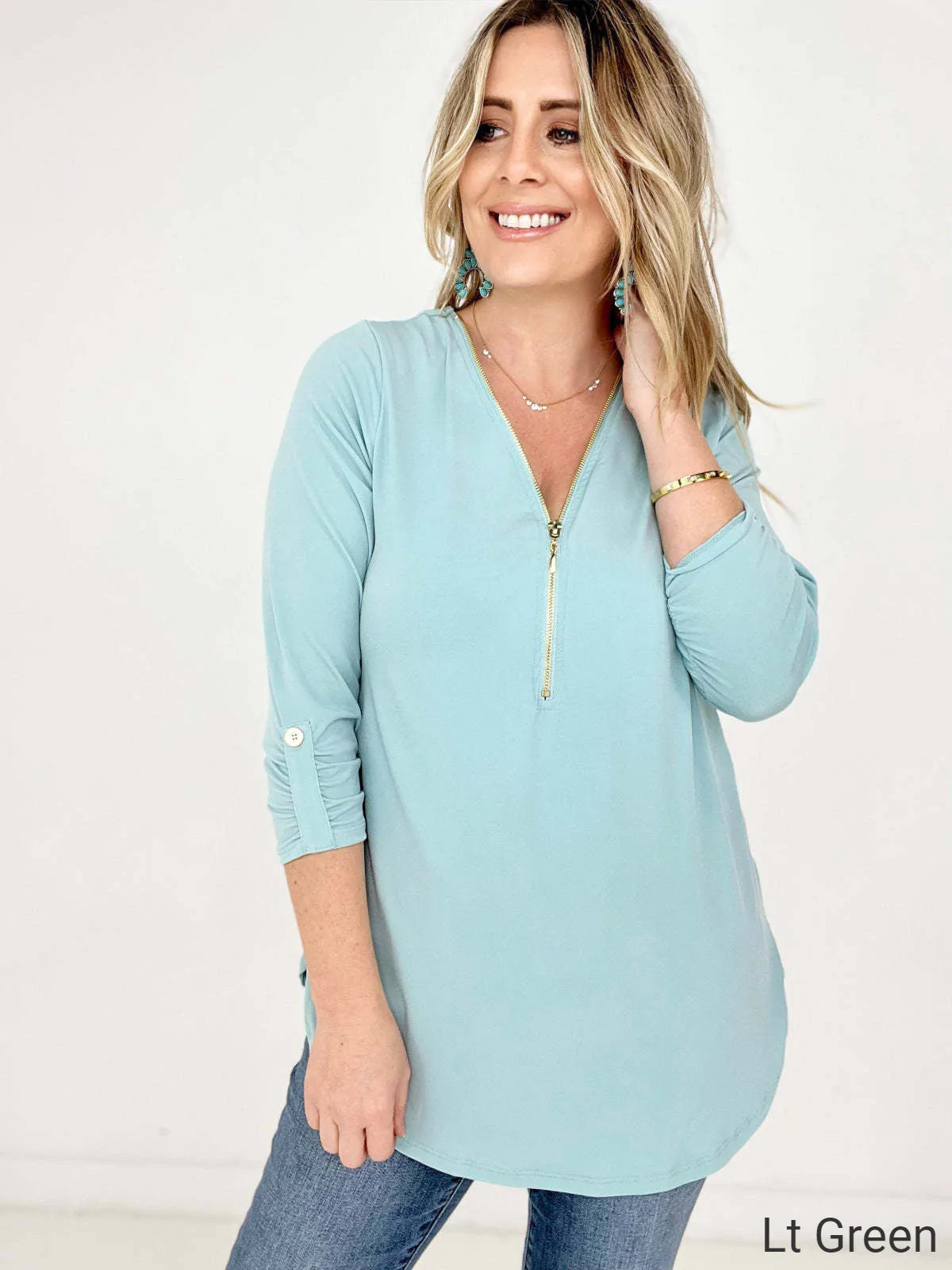 Front Zip-Up 3/4 Sleeve Top