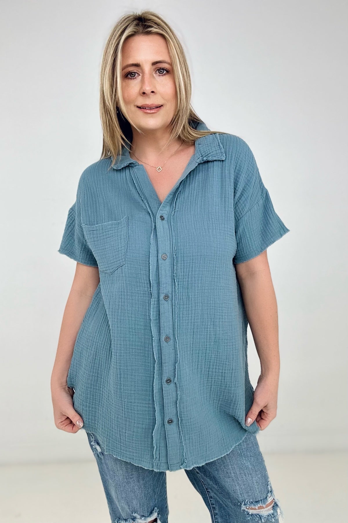 Cotton Raw Edge Short Sleeve Top