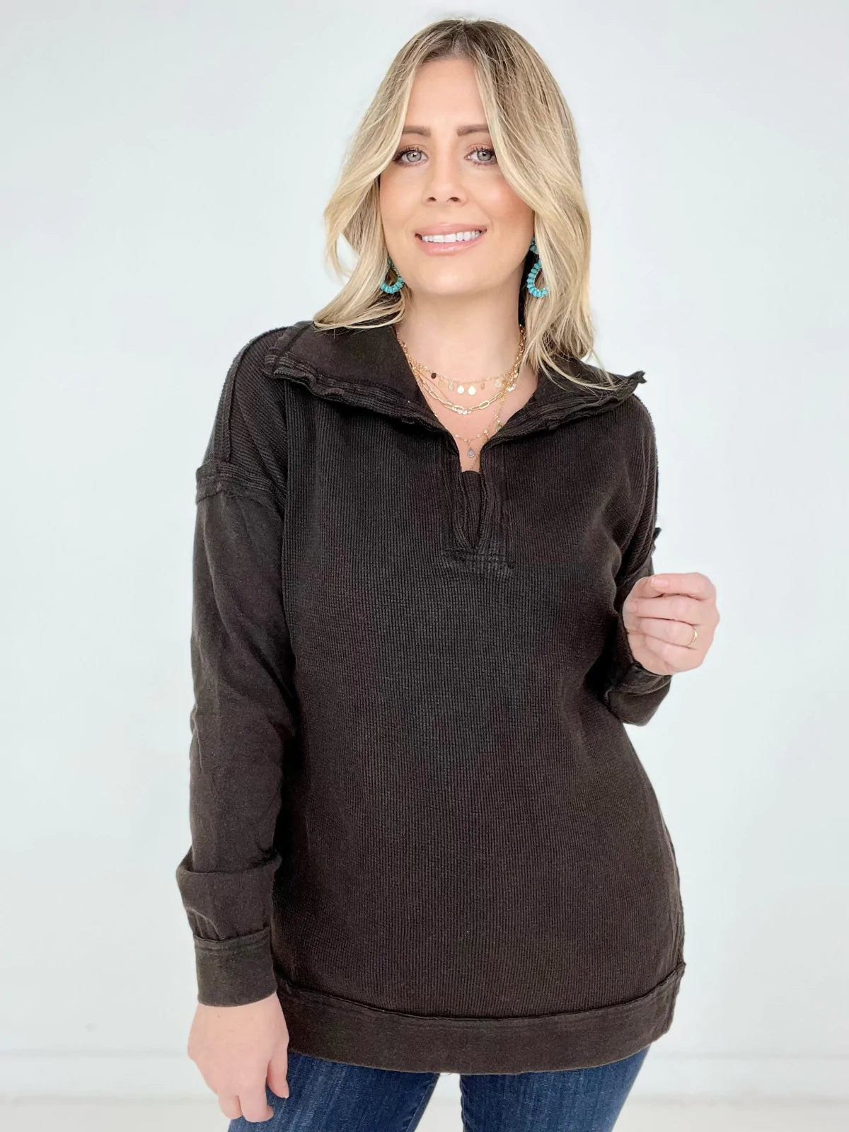 Mono B Long-Sleeve Waffle Knit 3/4 Zip With Side Slits