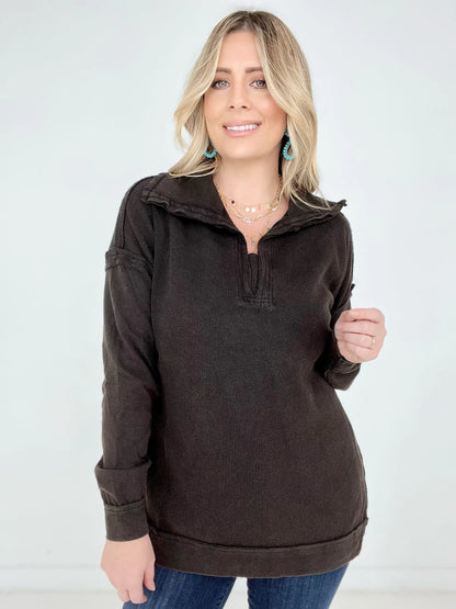 Mono B Long-Sleeve Waffle Knit 3/4 Zip With Side Slits