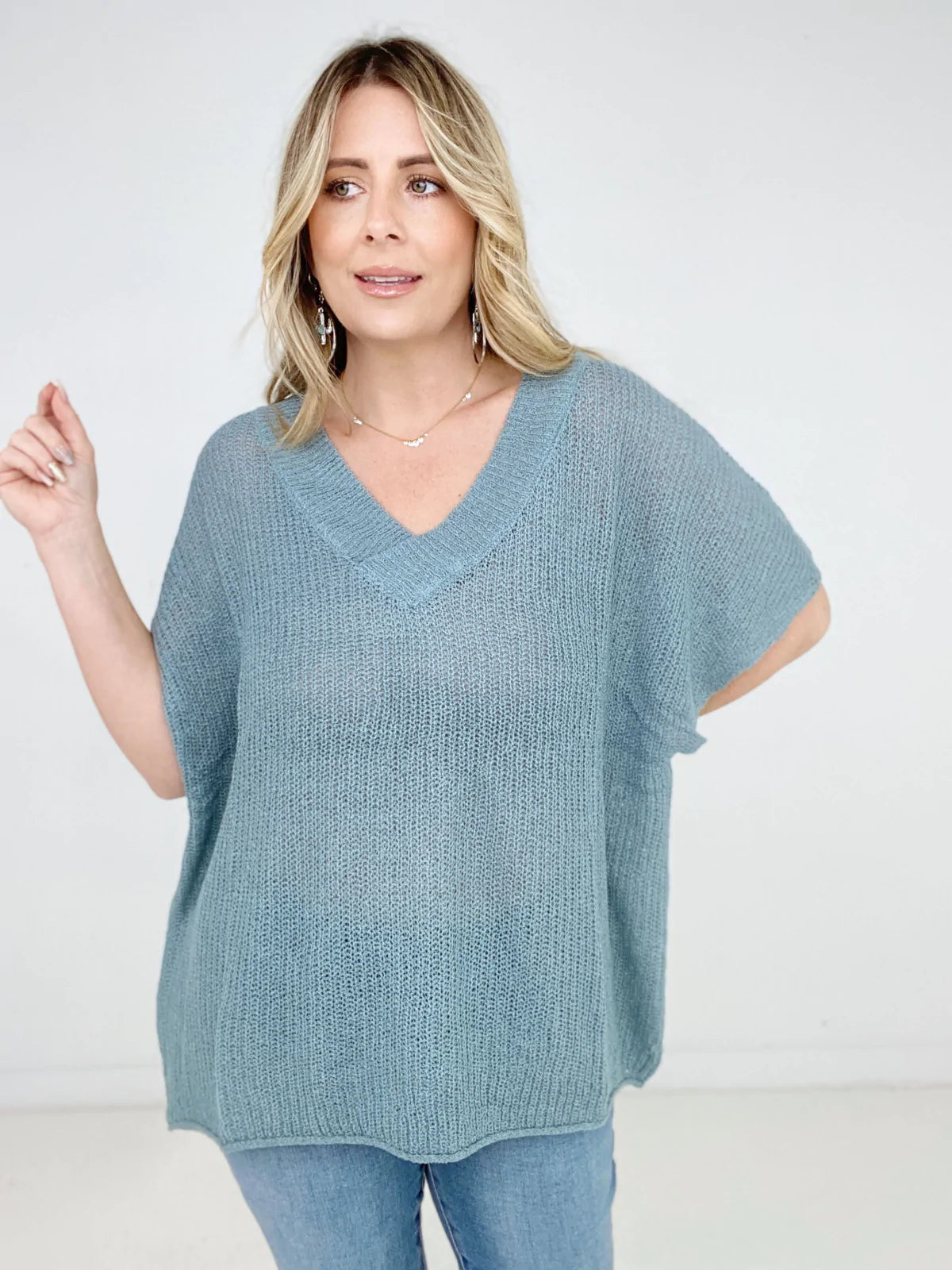 Oversized V-Neck Sheer Knit Top