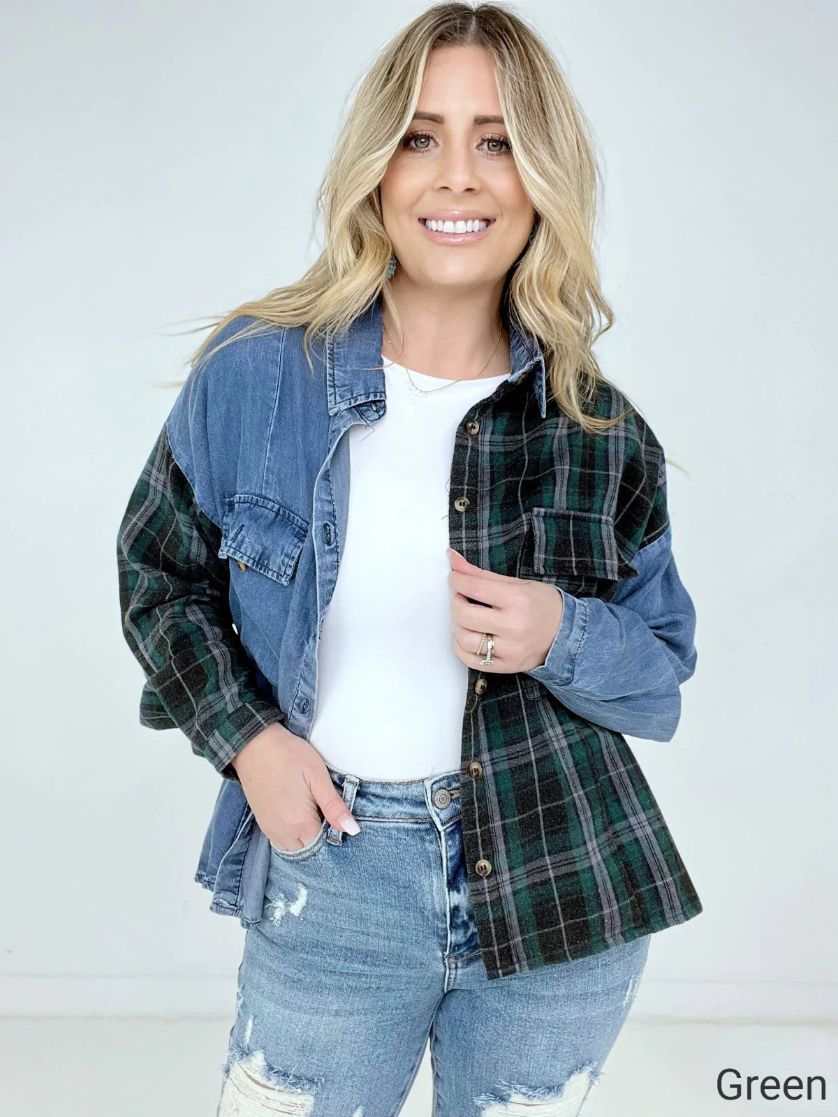 Washed Plaid Denim Shirt with Flap Pockets