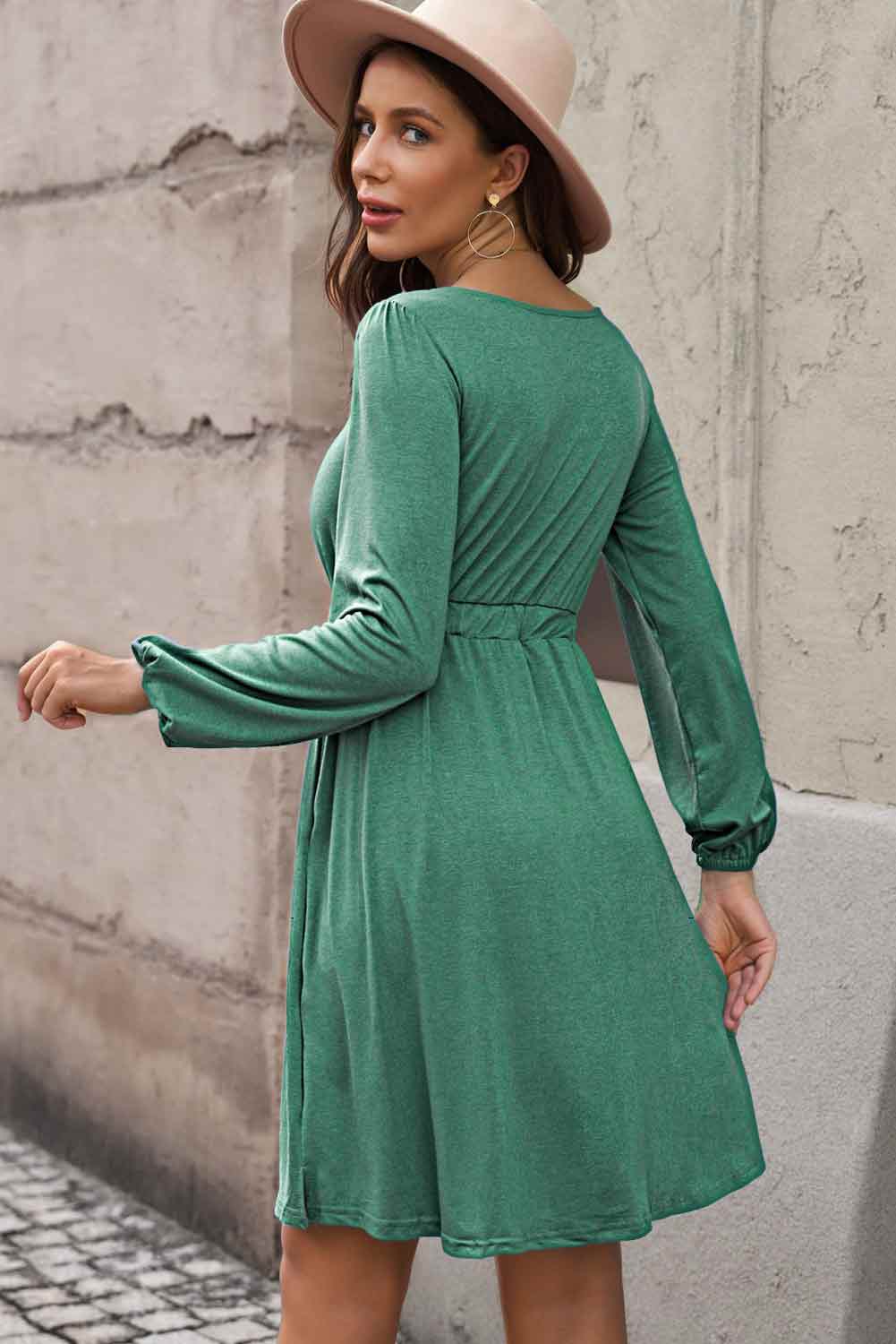 Scoop Neck Button Front Dress - (Black, Green, Gray and Blue)