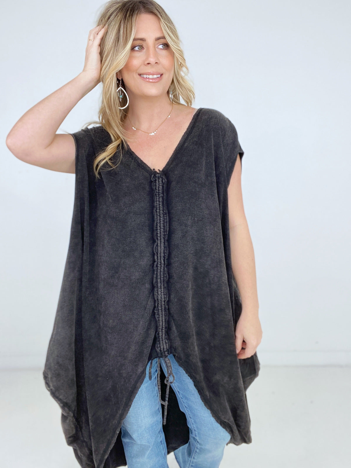 Oli & Hali Mineral Washed Cinched Front Cocoon Sleeveless Long Top