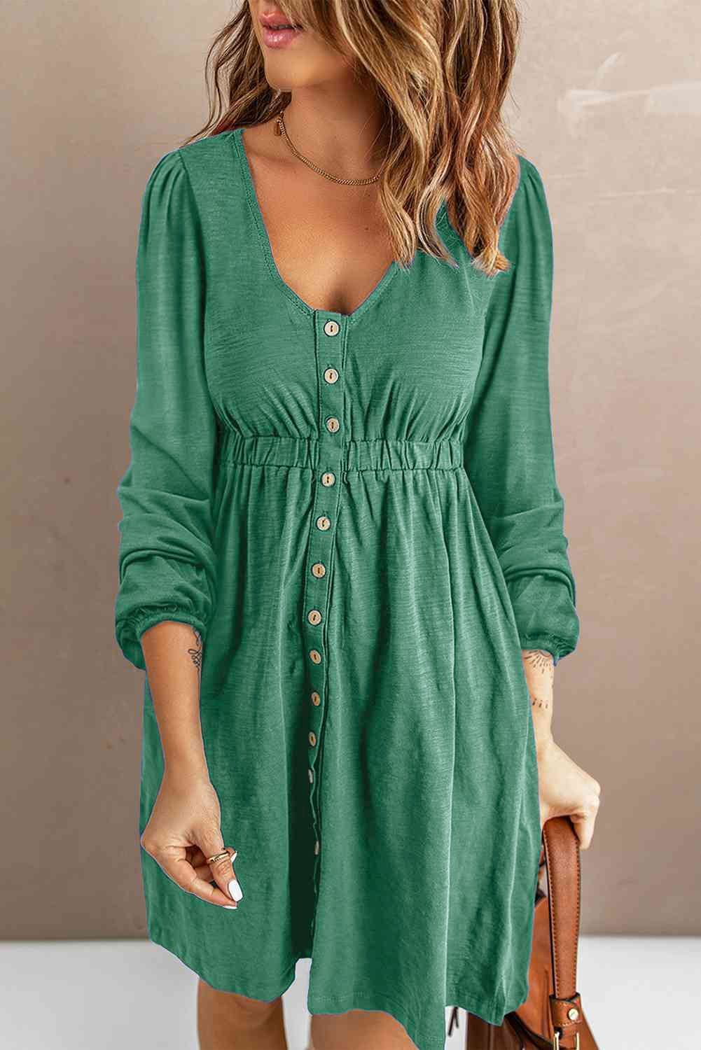 Scoop Neck Button Front Dress - (Black, Green, Gray and Blue)
