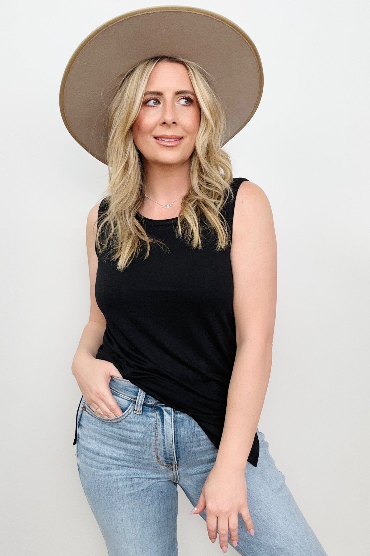 Round Neck Sleeveless Side Slit Top