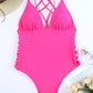 Pink Criss Cross Backless Deep V Neck One Piece Swimsuit