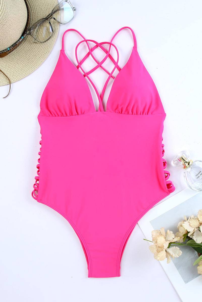 Pink Criss Cross Backless Deep V Neck One Piece Swimsuit