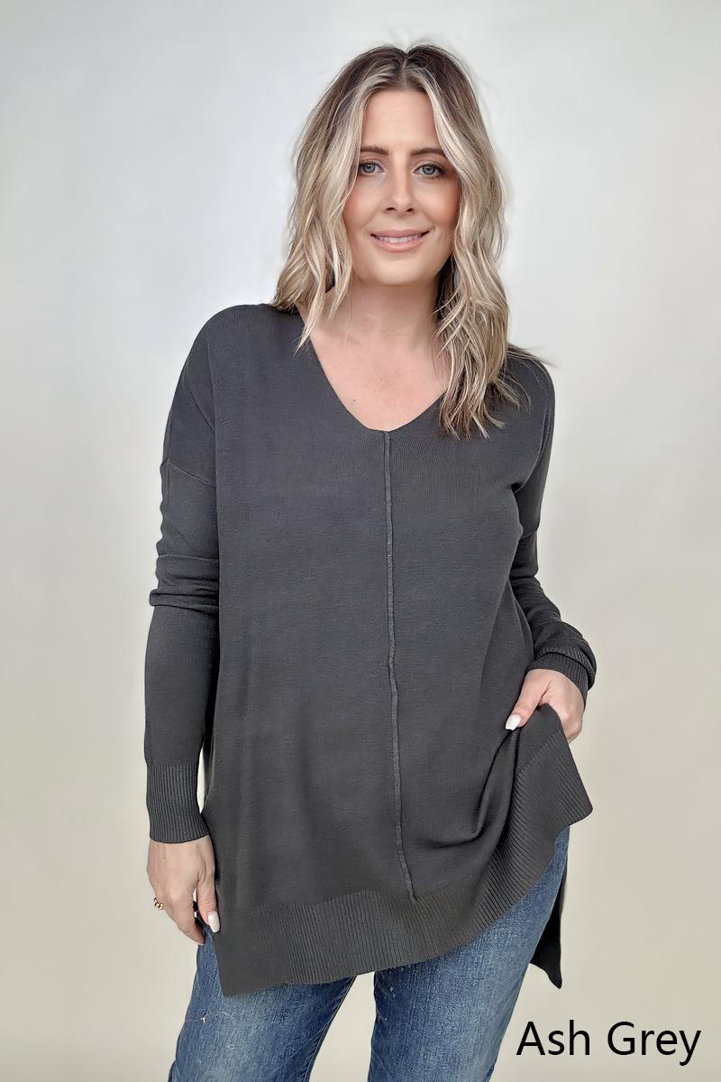 Hi-Low Hem V Neck Knit Top - 2 Colors