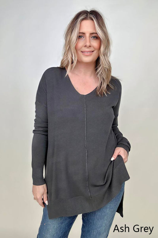 Hi-Low Hem V Neck Knit Top - 2 Colors