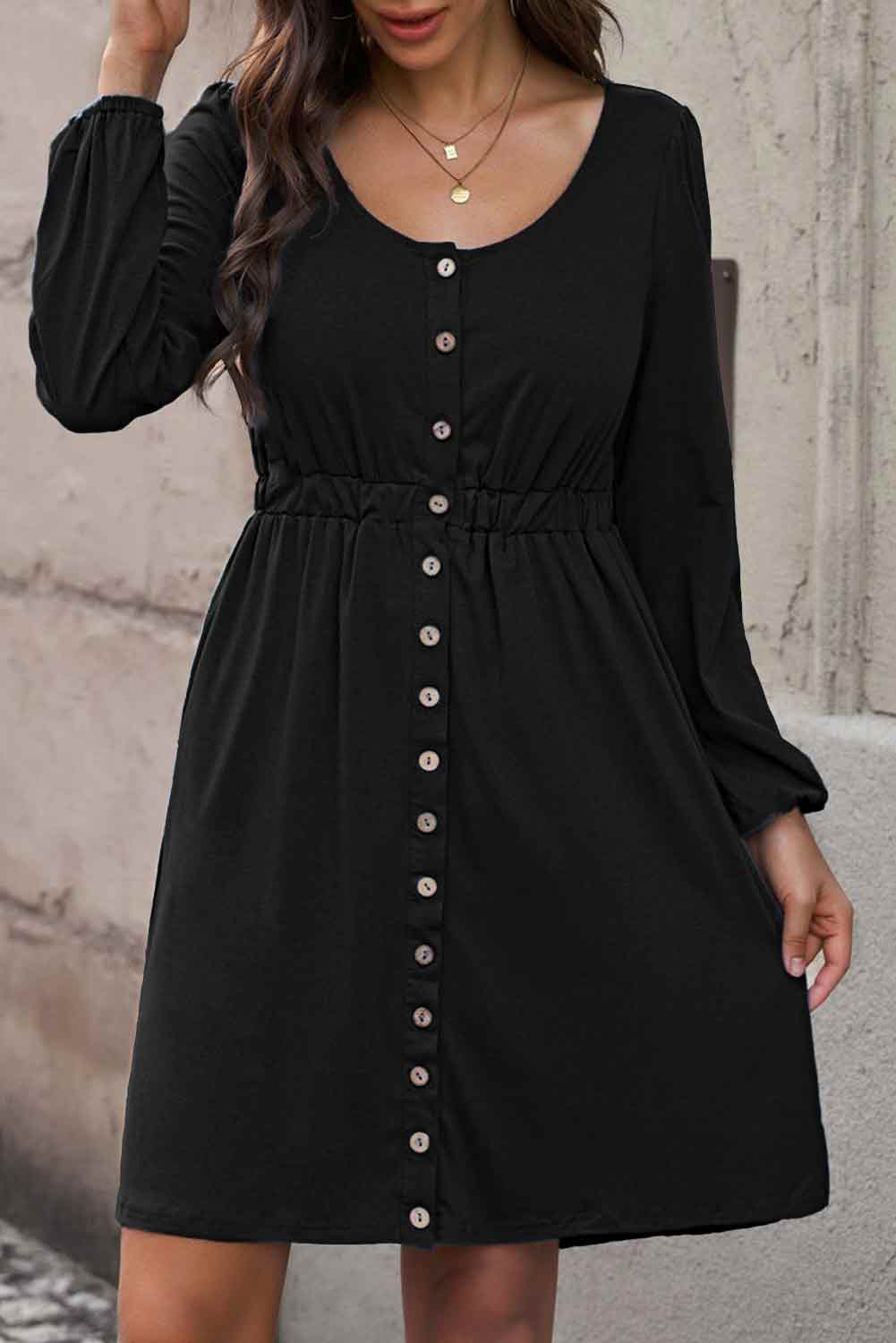 Scoop Neck Button Front Dress - (Black, Green, Gray and Blue)