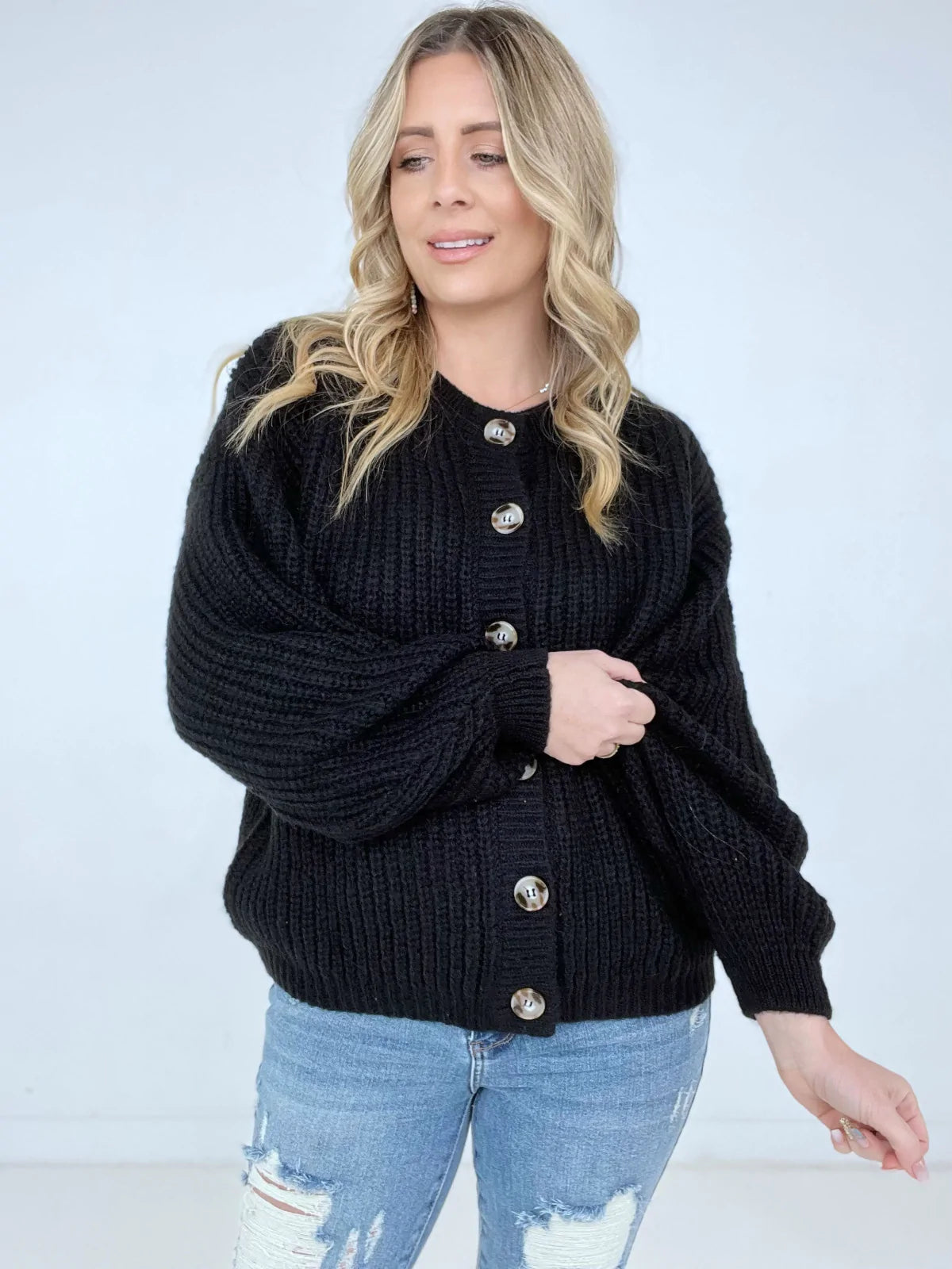Solid Balloon Sleeve Button Front Cardigan