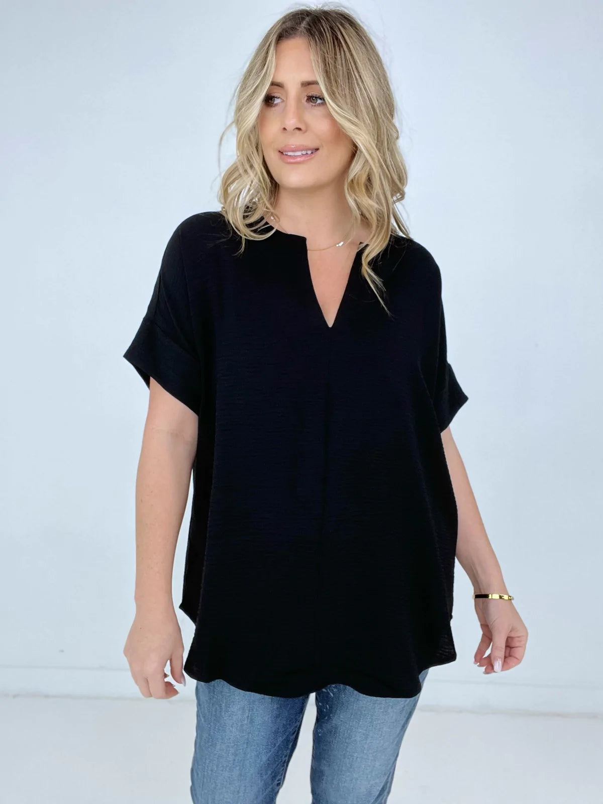 Woven Airflow Split Neck Short Sleeve Top