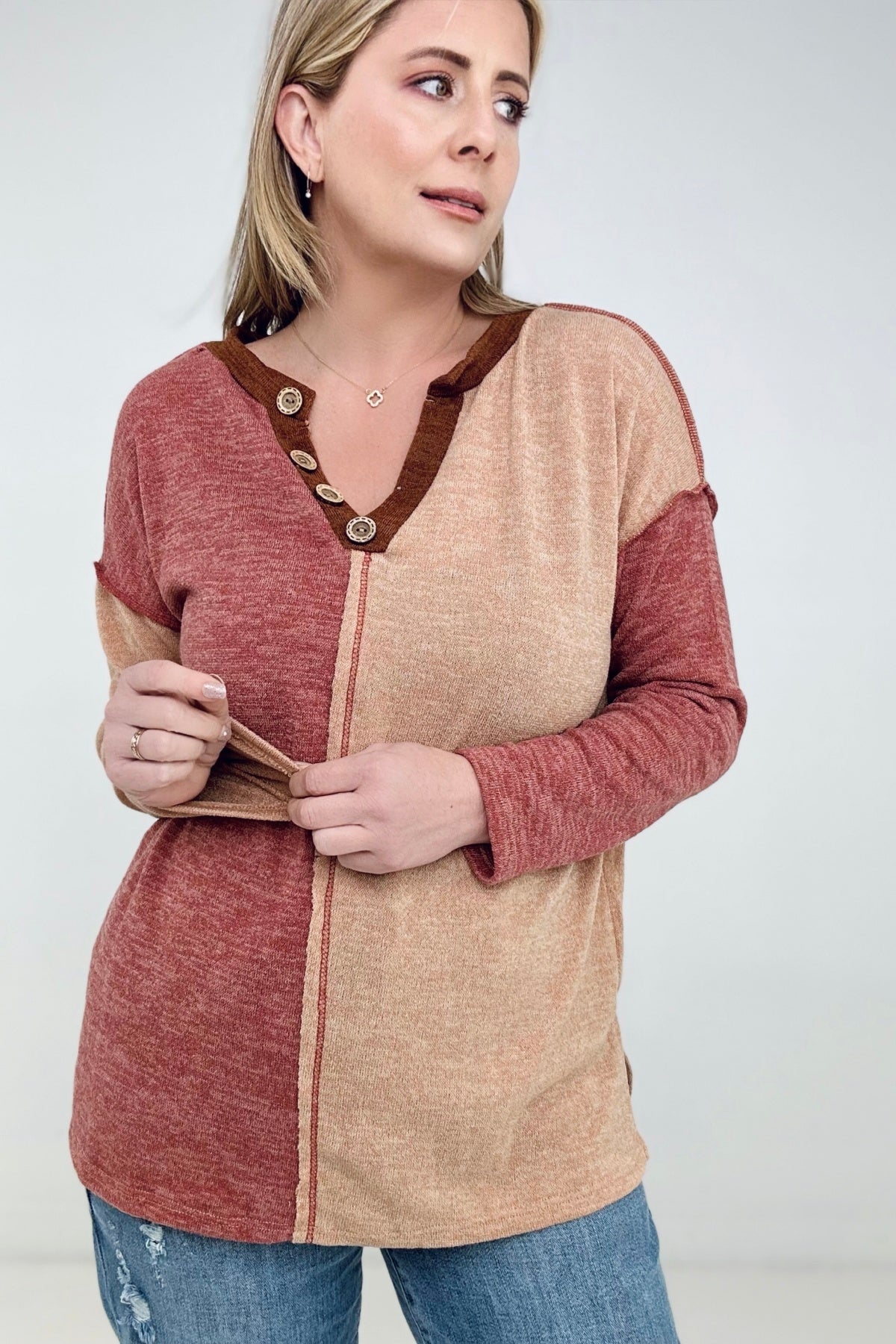 Color Block Faux Button Sweater