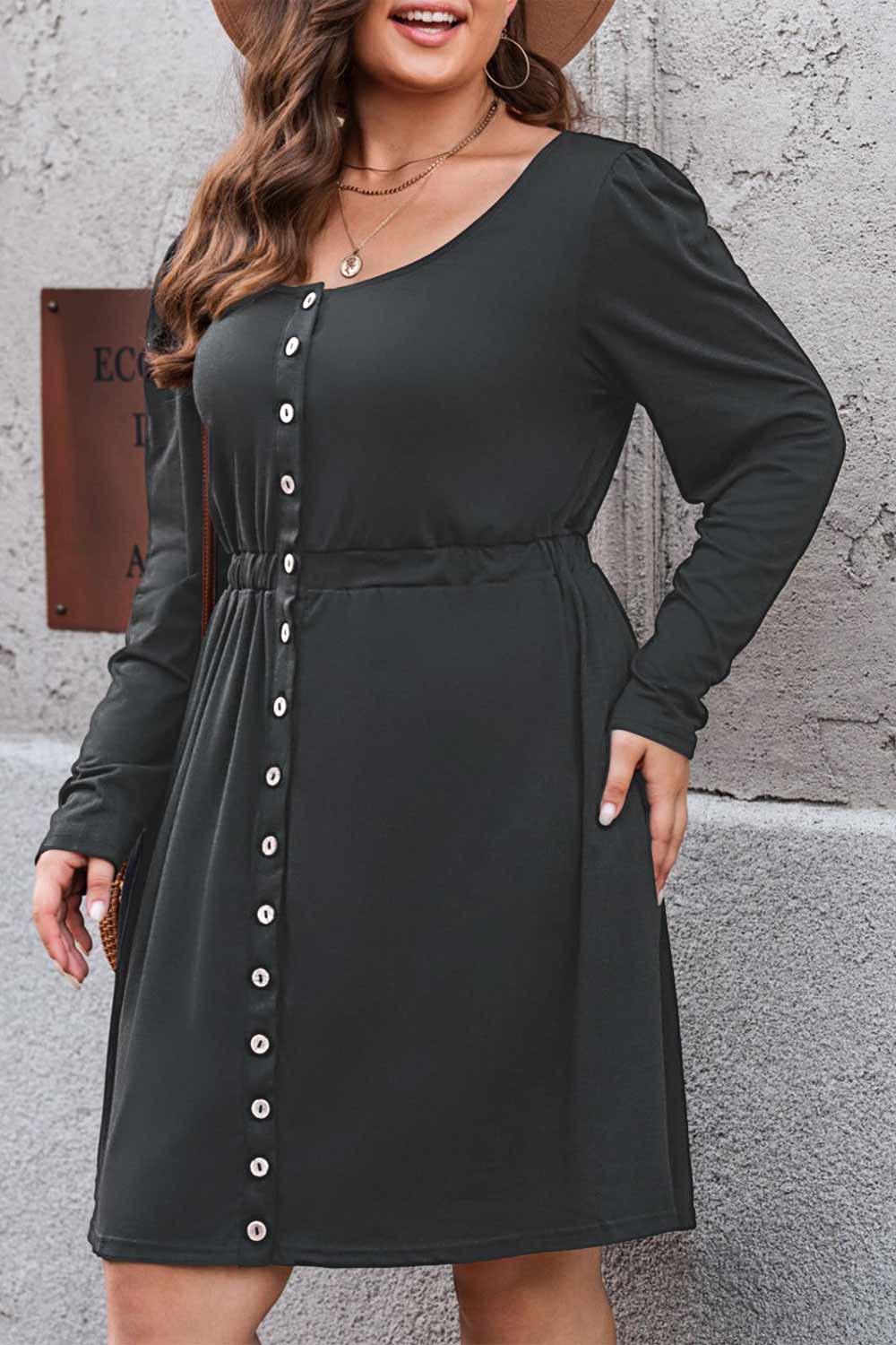 Plus Size Button Front Long Sleeve Dress - (Gray, Pink, Black and Green)