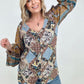 Floral Print Woven W/Stripe Ruched Sleeves Top