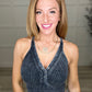 Washed Ribbed Cropped Button V-Neck Tank Top