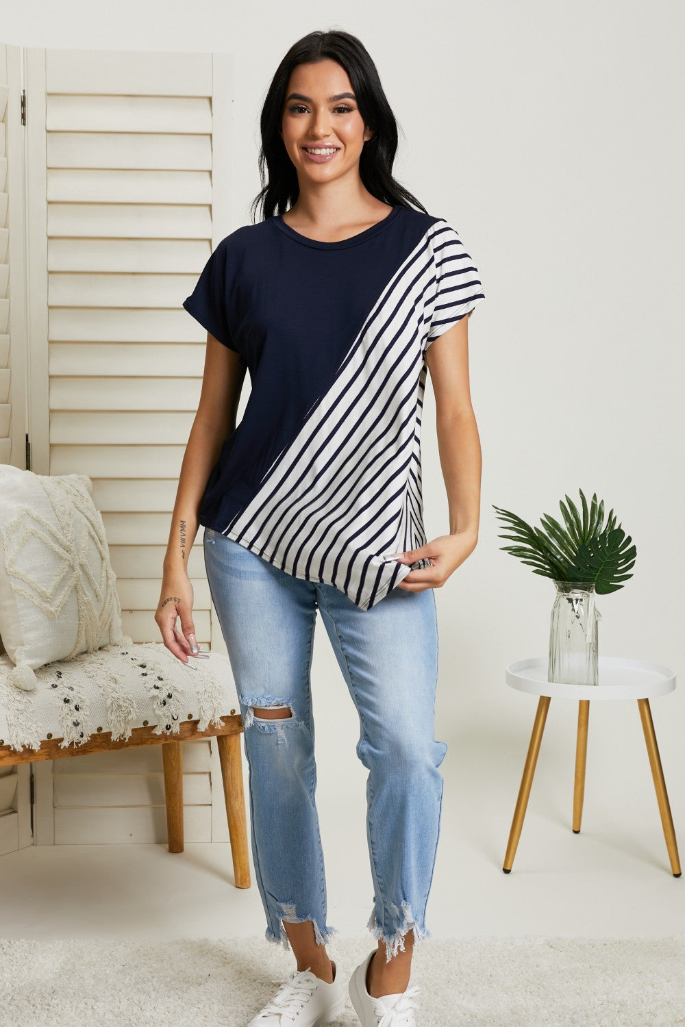 SIZE XL Striped Color Block Tee in Navy