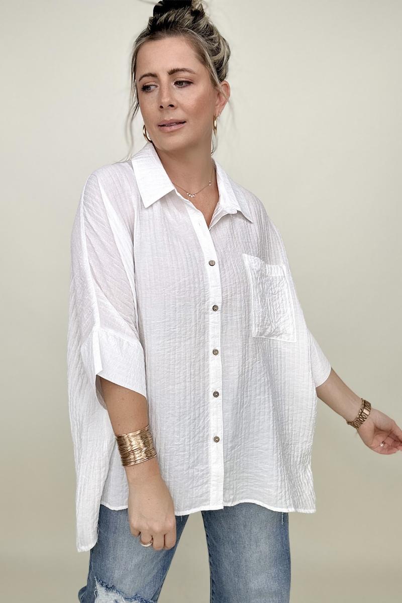 Pleated Batwing Short Sleeve Button Up Top - Multiple Colors