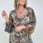 Floral Print Woven W/Stripe Ruched Sleeves Top