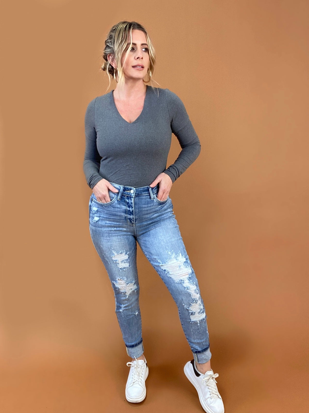 Deep V Long Sleeve Solid Knit Bodysuit