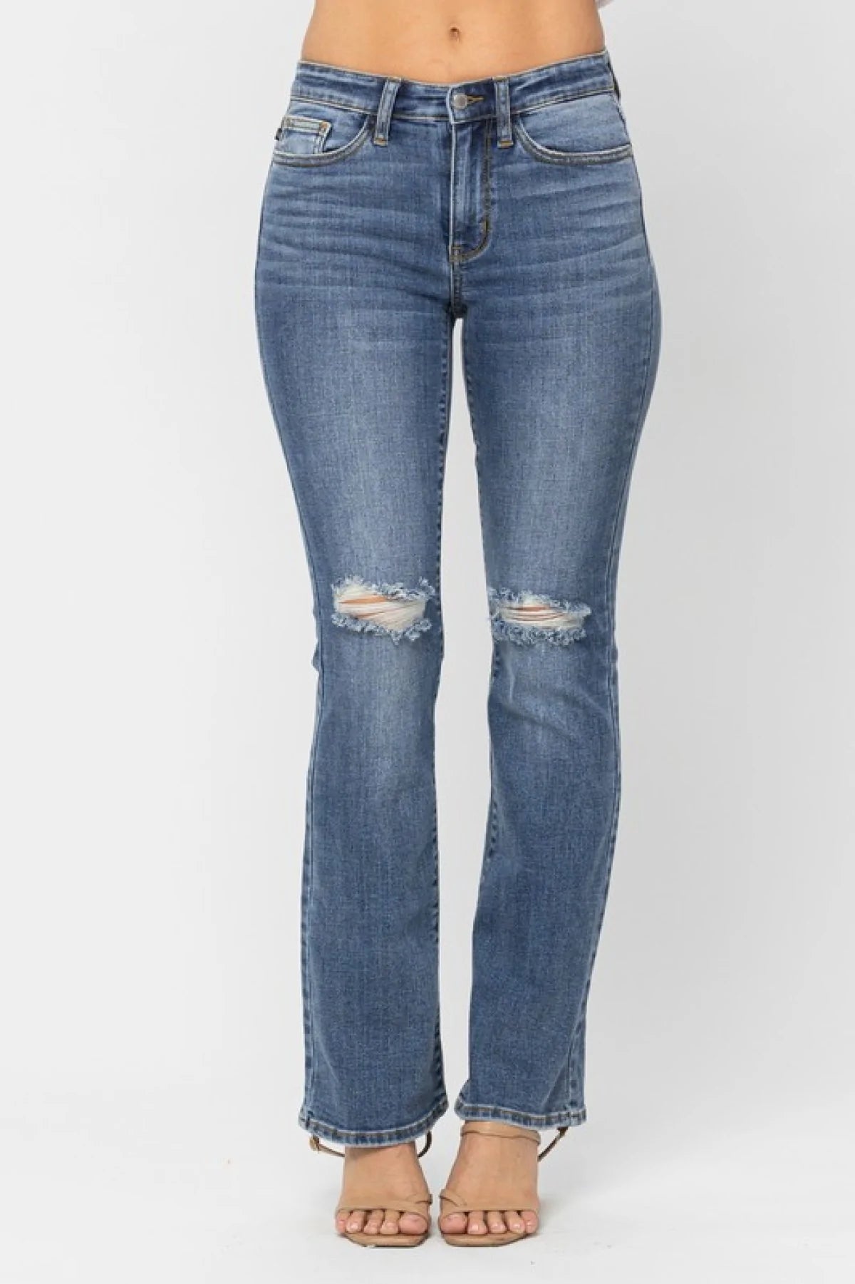 Judy Blue Mid Rise w/ Pocket Tooling & Knee Destroy Bootcut Jeans