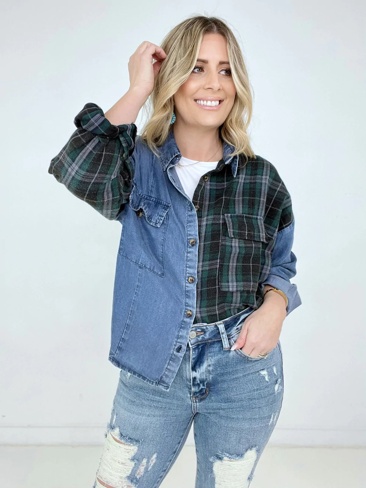 Washed Plaid Denim Shirt with Flap Pockets
