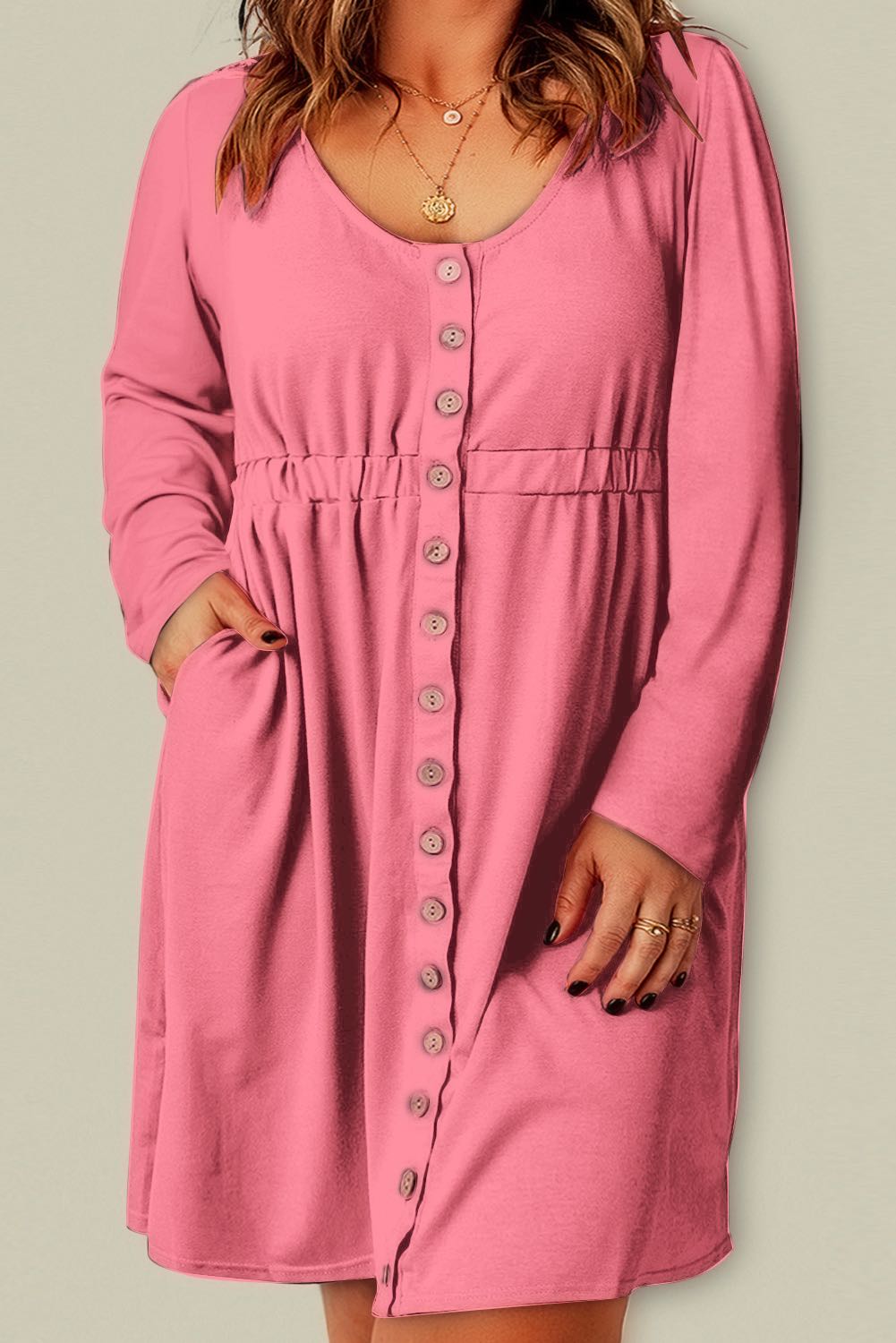 Plus Size Button Front Long Sleeve Dress - (Gray, Pink, Black and Green)