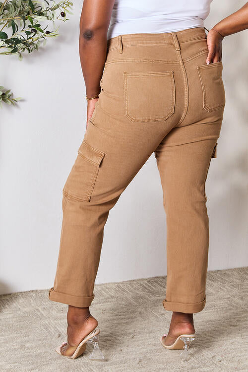 Risen High Waist Utility Straight Cargo Jeans