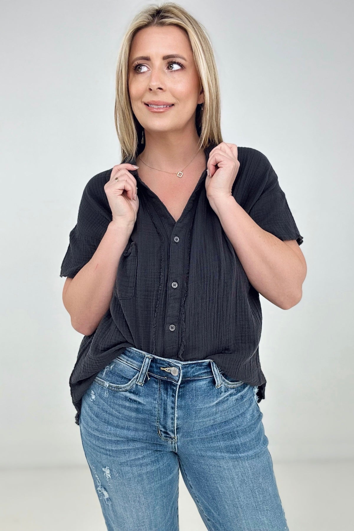 Cotton Raw Edge Short Sleeve Top