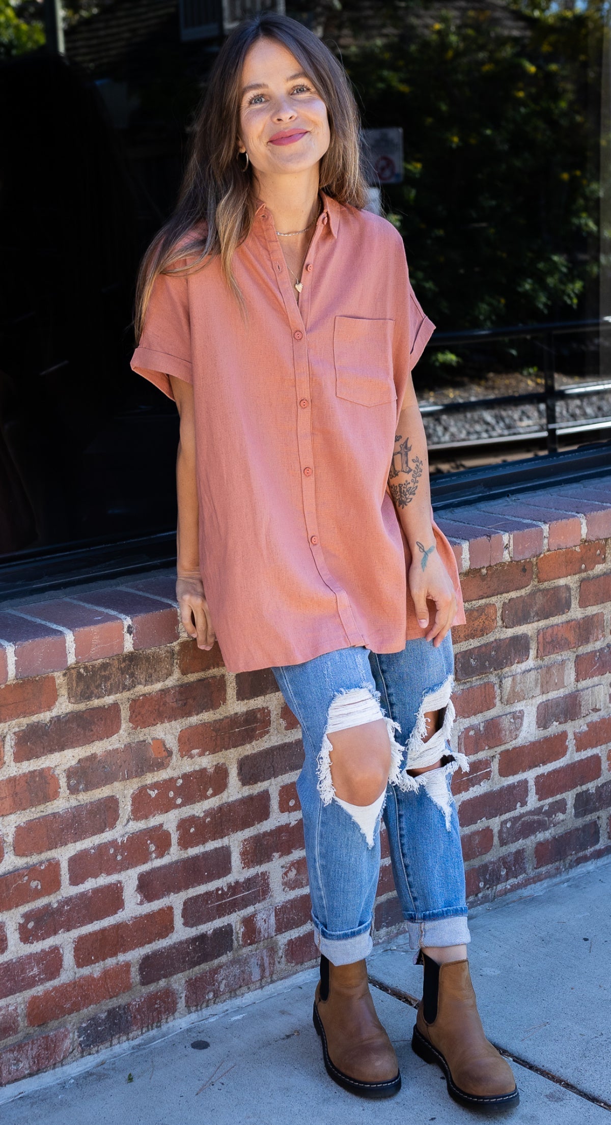 Rae Mode Solid Linen Oversize Fit Buttoned Top