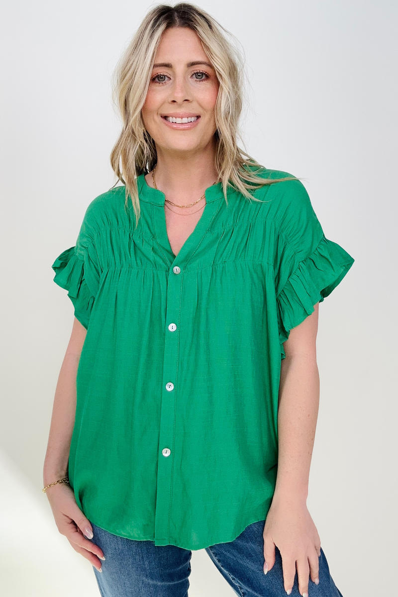 Woven Button Down Ruffle Sleeve Top - Multiple Colors