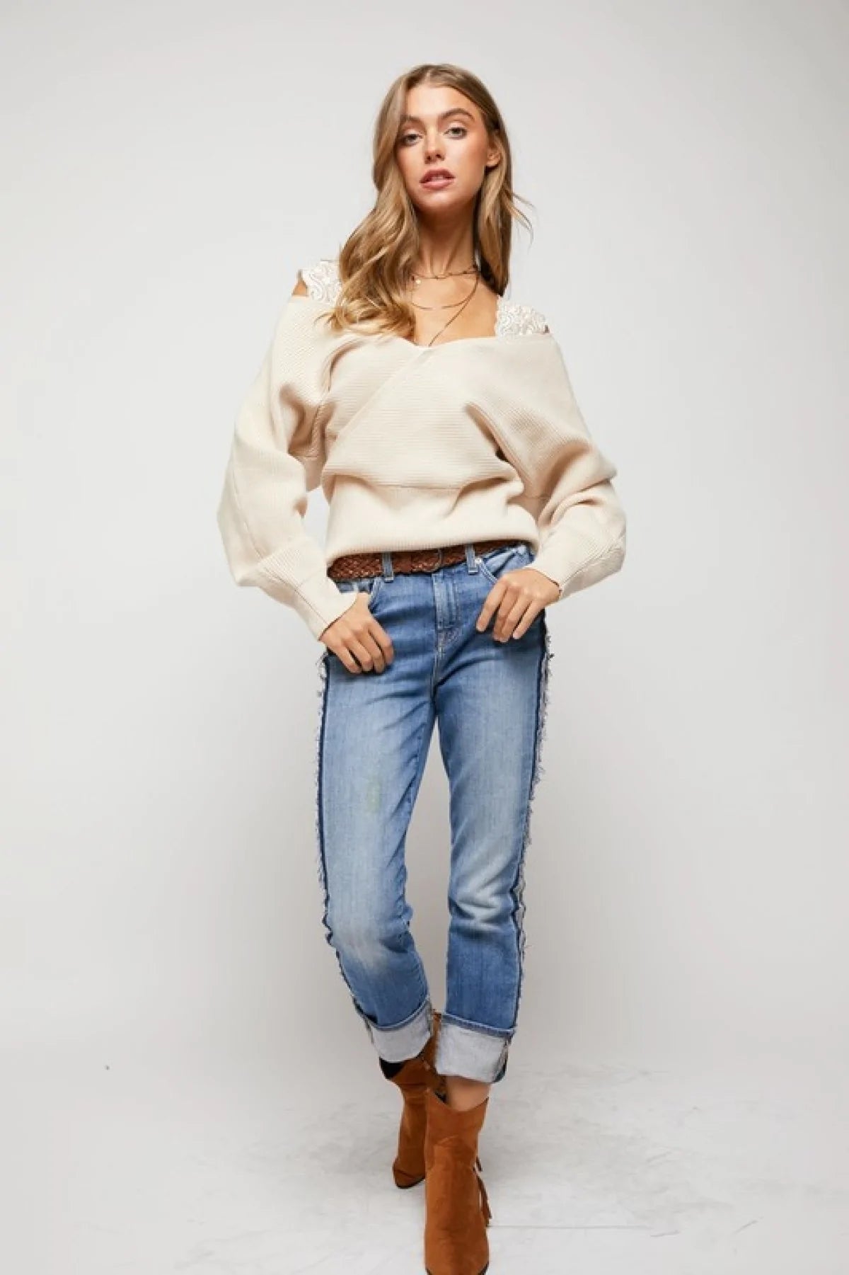 Davi & Dani Lace Strap Batwing Sleeve Drop Shoulder Sweater Top