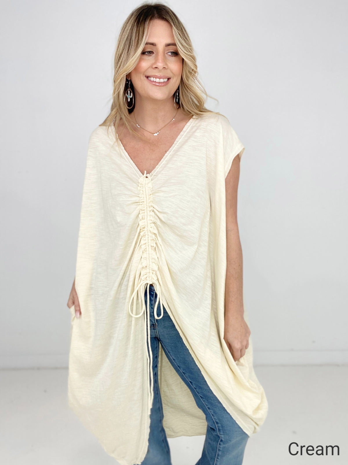 Oli & Hali Mineral Washed Cinched Front Cocoon Sleeveless Long Top