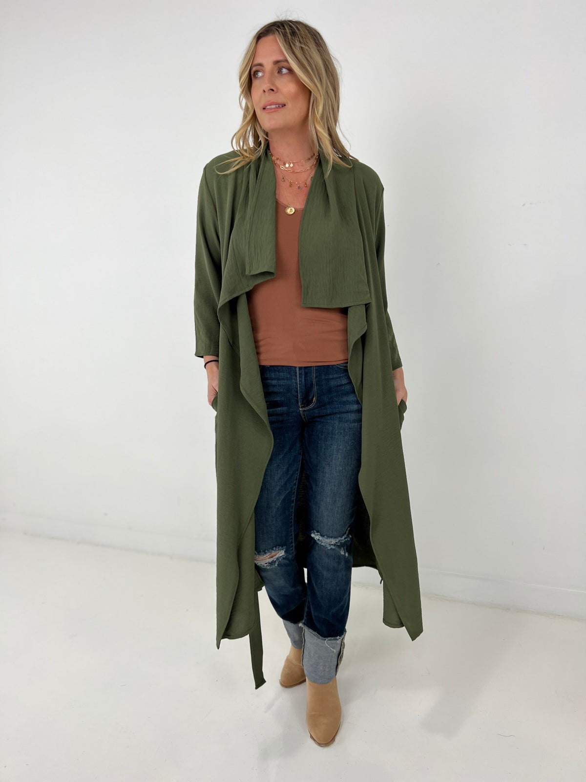 Jade By Jane Draped Front Long Body Jacket