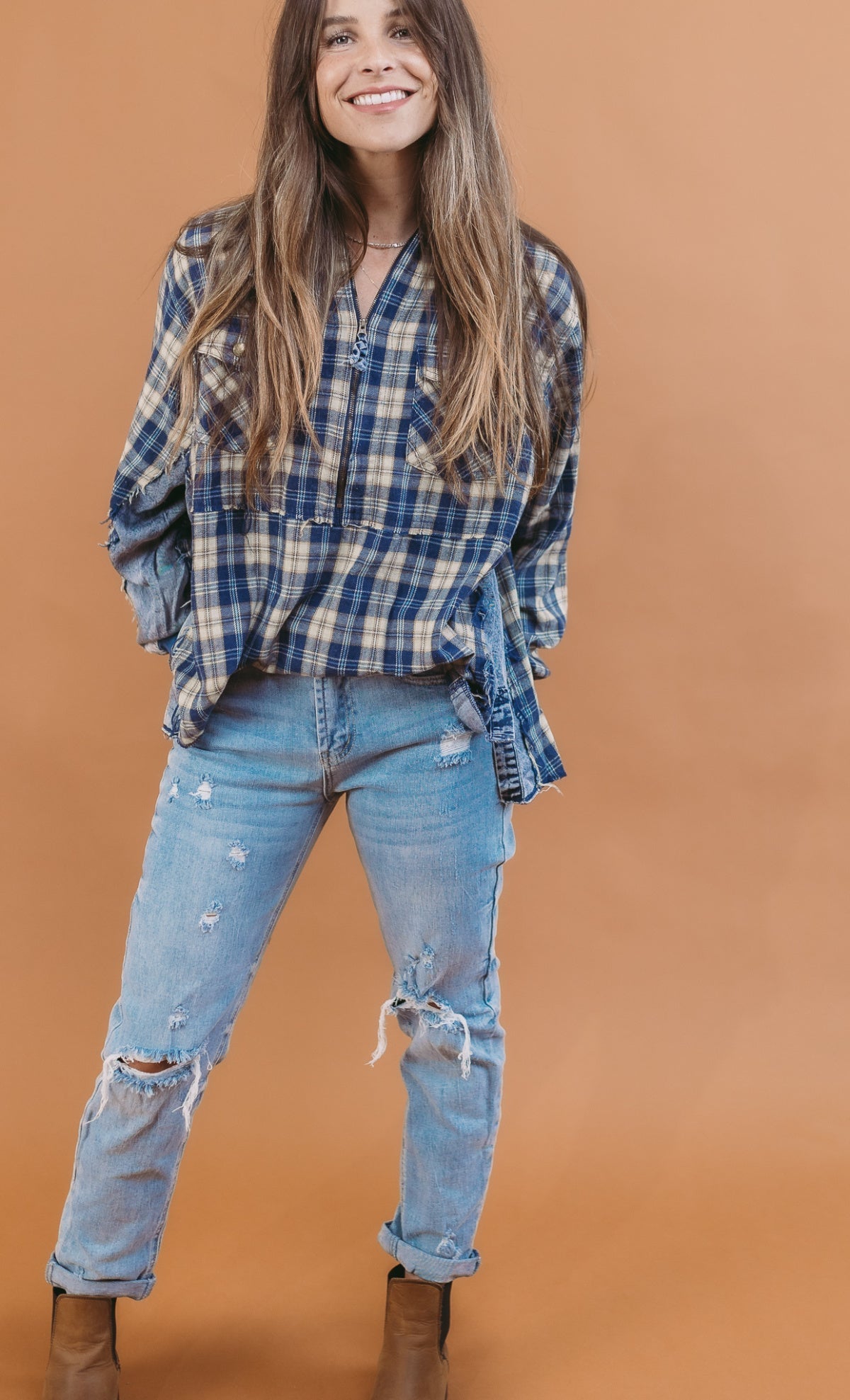 Comfy Half Zip Plaid Chambray Mixed Pullover