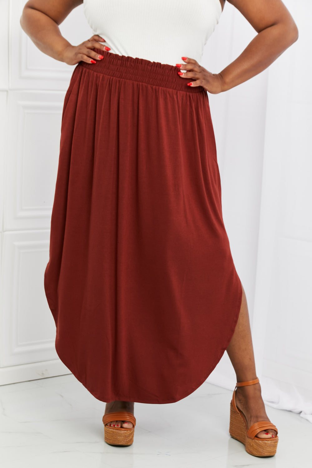 It's My Time Side Scoop Scrunch Skirt - Dark Rust