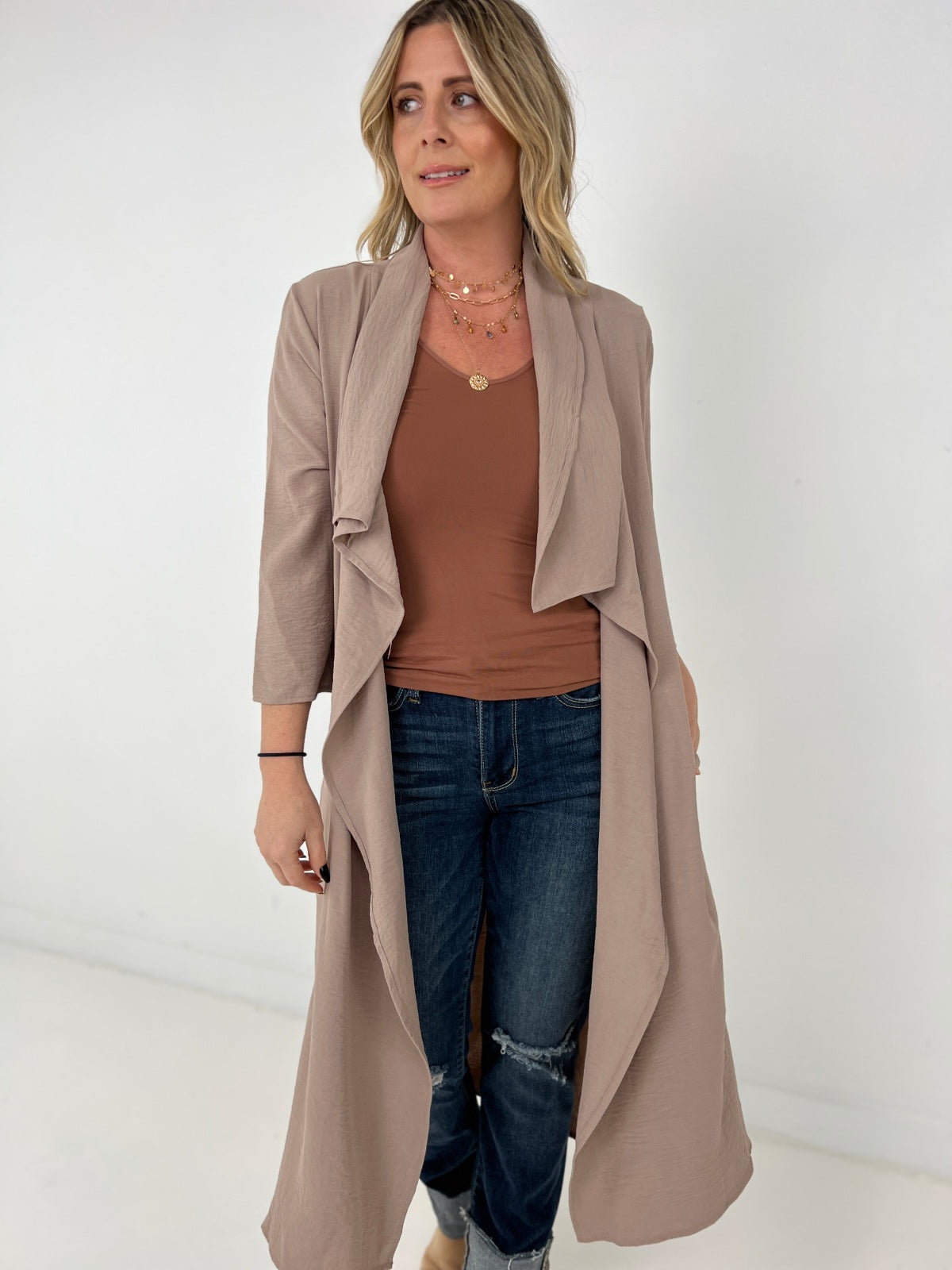 Jade By Jane Draped Front Long Body Jacket