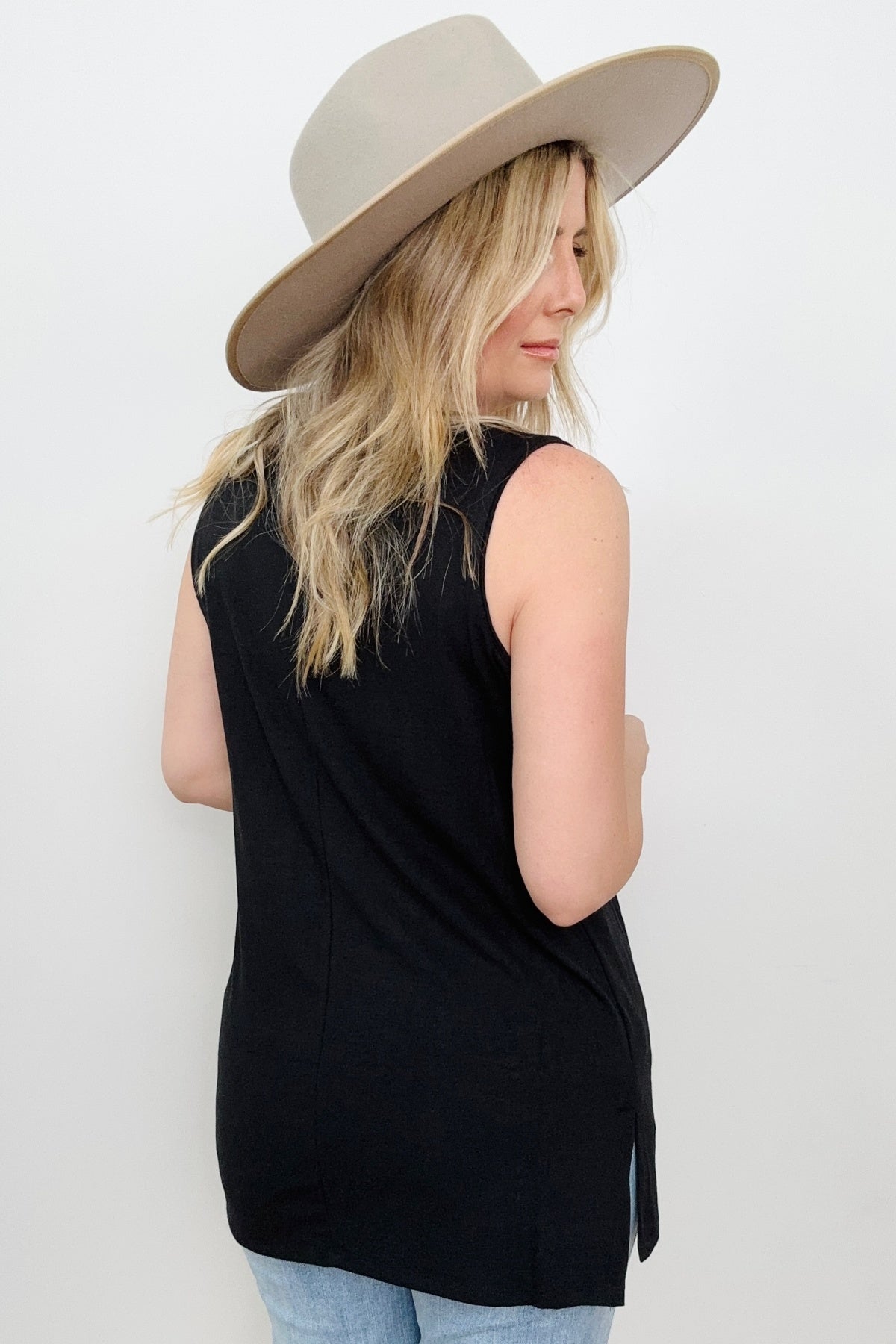 Round Neck Sleeveless Side Slit Top