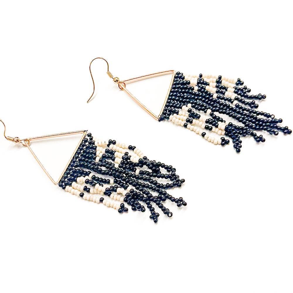 Fringe And Stripes Beaded Boho Earrings - Black And White