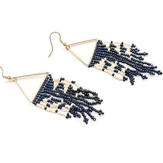 Fringe And Stripes Beaded Boho Earrings - Black And White