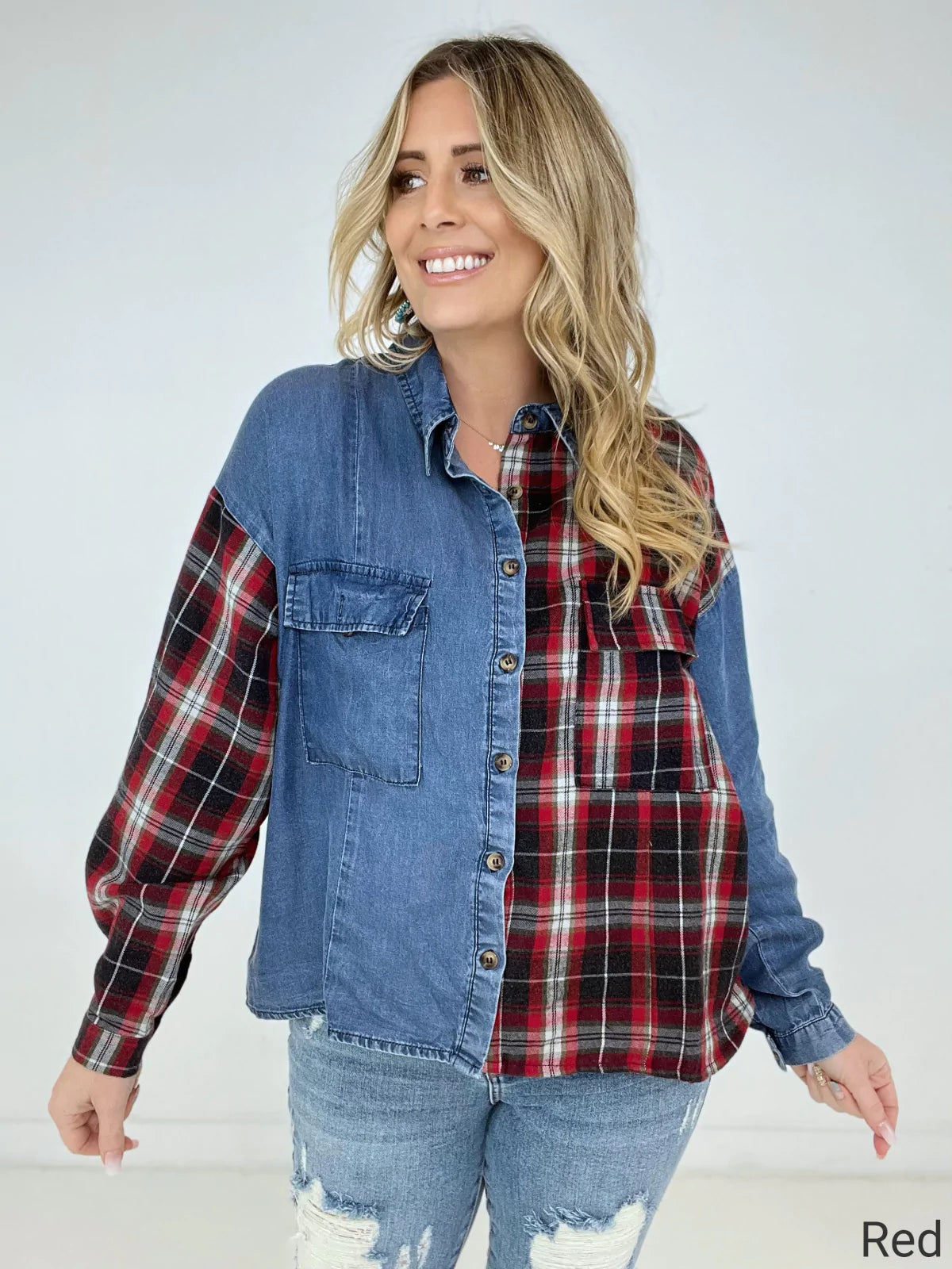 Washed Plaid Denim Shirt with Flap Pockets