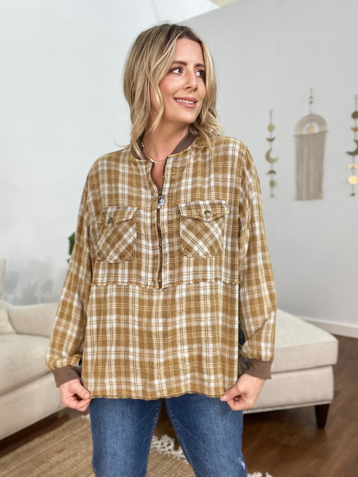 Comfy Half Zip Plaid Chambray Mixed Pullover