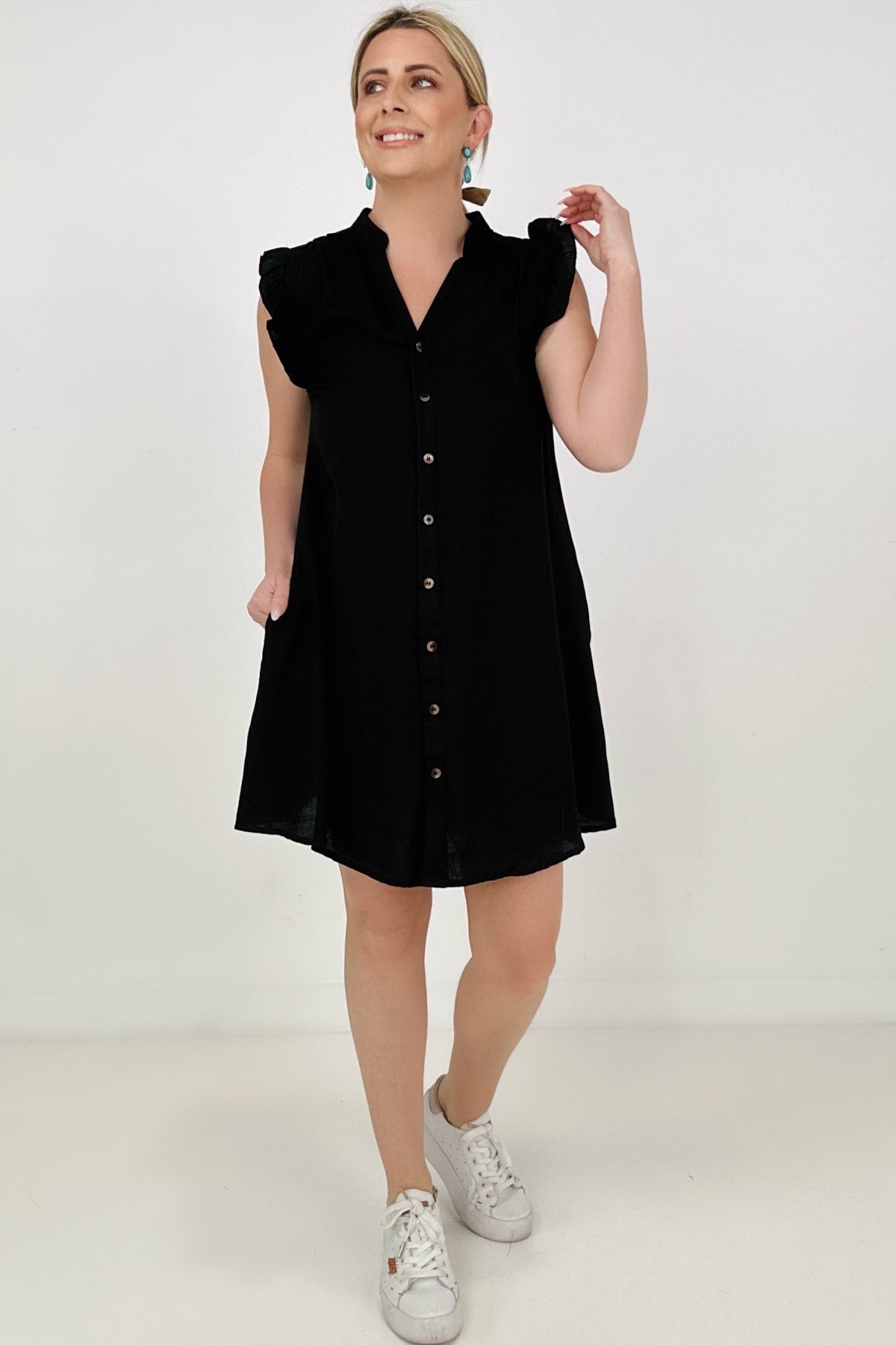 Button Down Mini Dress with Ruffle Sleeves
