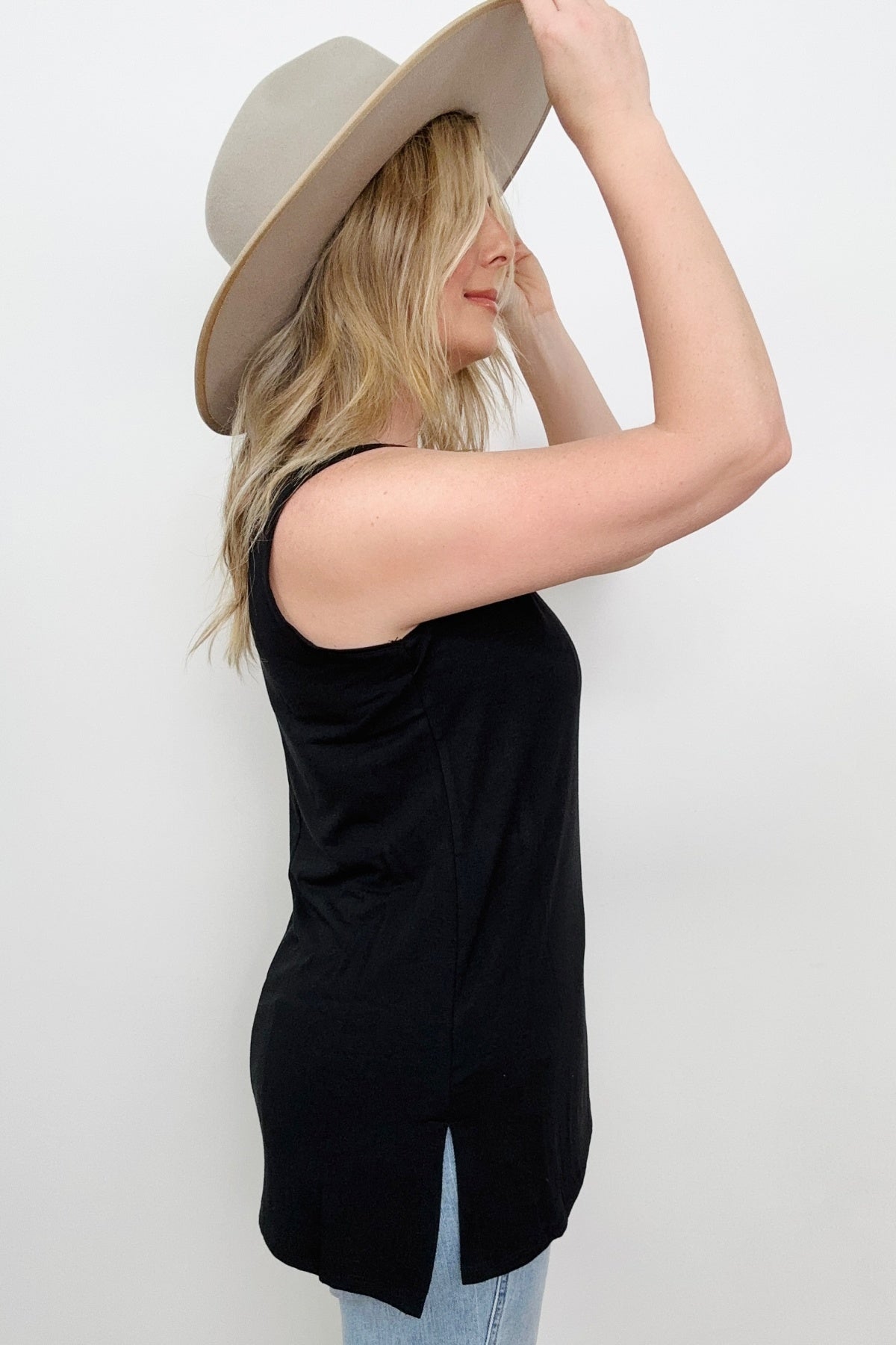 Round Neck Sleeveless Side Slit Top