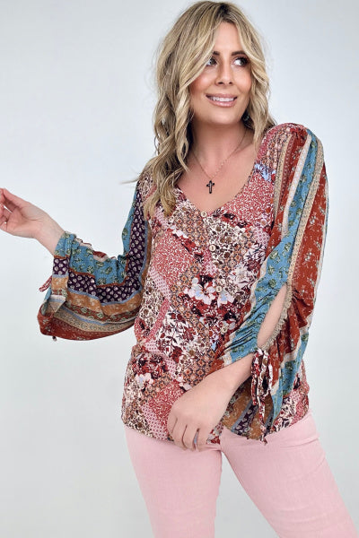Floral Print Woven W/Stripe Ruched Sleeves Top