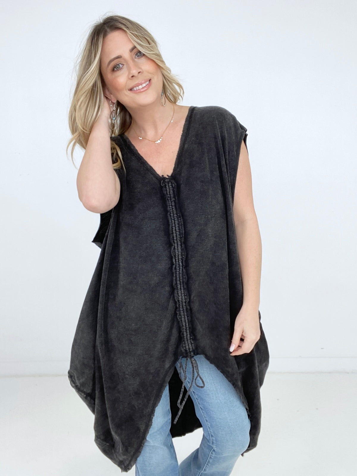 Oli & Hali Mineral Washed Cinched Front Cocoon Sleeveless Long Top